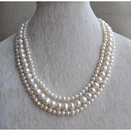 Hot Sale White Pearl Necklace 5-9mm 3 Rows Mixes Size Genuine Freshwater Pearl Necklace Handmade Fashion Jewelry Women Gift