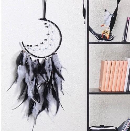 M17D Moon Dream Catcher Handmade Feather Bead Wall Hanging Ornament for Kids Bedroom Home Decoration