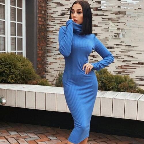 Fashion Turtleneck Full Sleeve Knitted Winter Dress Solid Slim Elegant Spring Women Dress Sexy Long Office Lady Pencil Vestidos