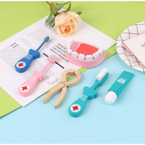 6Pcs Baby Toys Doctor Set Play Wooden Dental Tools Simulation Medicine Box