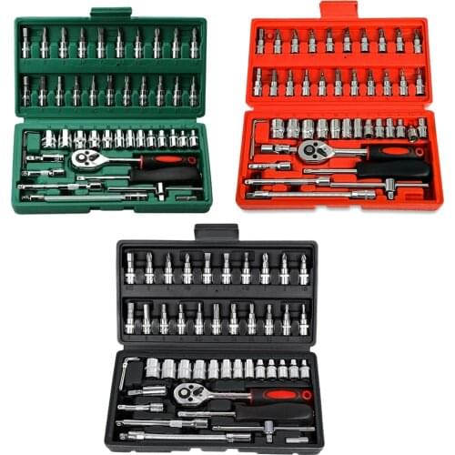 46Pcs Socket Set 1/4inch Drive Spanner Socket Set Hand Wrench Reversible Ratchet Tools Kit Car Bicycle Motor Repair Accessories