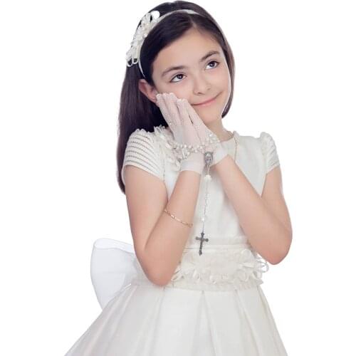 Flower Girl Gloves Short Princess Gloves Bow Tie Gloves Women Faux Pearl Gloves for Wedding Party First Communion (Lace ,White)