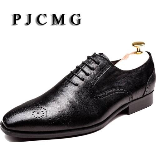 PJCMG Spring/Autumn Black Carved Loafers Pointed Toe Lace-Up Genuine Leather Wedding Oxford Dress Office Mens Shoes