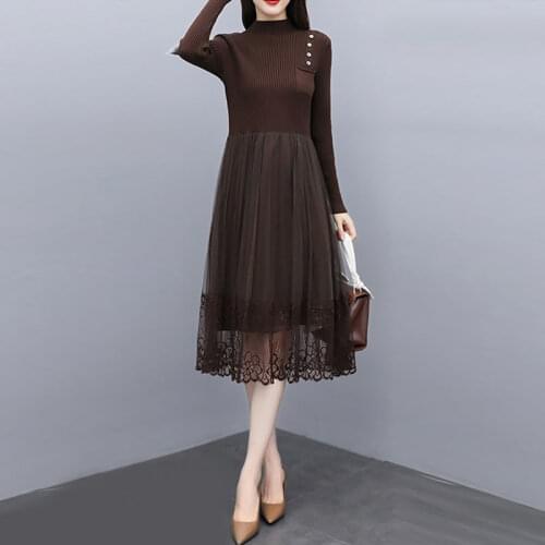 Fake Two-piece Dress Women High Neck Button Knee-length Dress 2021 Autumn Winter Ribbed Knitted Lace Stitching Dress Women Y474