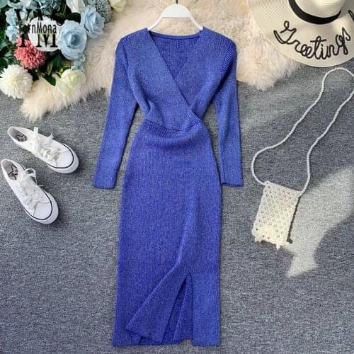 YornMona Shinning Split Elegant Ladies Office Dress 2019 New V Neck Knitted Sweater Dress Workwear Korean Style Women Dress