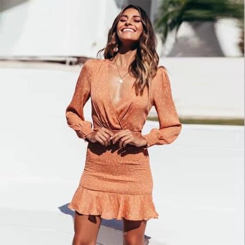 Sexy V-Neck Long Sleeve Pleated Dress Women Autumn Print Elastic High Waist Party Mini Dresses Ruffle Clothes Female