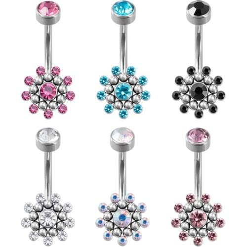 1pc CZ Gem Navel Piercing Flower Belly Button Rings Bar Surgical Steel Ombligo Dangle Party Barbell for Woman Body Jewelry 14G
