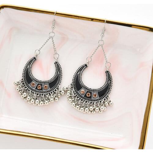 Vintage Moon Shaped Beads Drop Earrings for Women Boho Ethnic Rhinestone Gold Silver Color Alloy Dangle Earrings Femme Jewelry