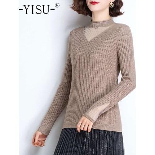 YISU 2021 Spring New Women Sweater Half turtleneck Spring tops Long sleeve stripe Female Jumper Fashion Casual Knitted pullover