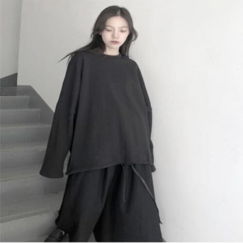 Fall new womens hem pull rope off shoulder cuff solid color round collar basic pullover hoodie fashion youth