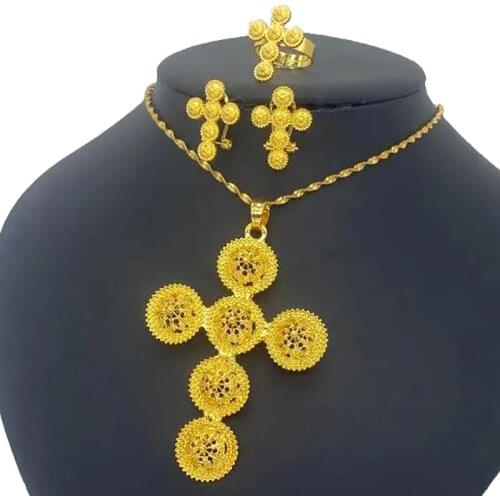 Ethiopian cross Jewelry set For Women Charm Necklace Earrings 24k Gold Plated Eritrea sets for Girls Habesha Wedding party Gift