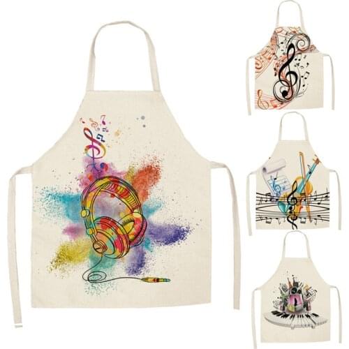 1 Pcs Musical Note Pattern Kitchen Aprons for Woman and Man Dinner Party Cotton Linen Bibs Cooking Cleaning Tools
