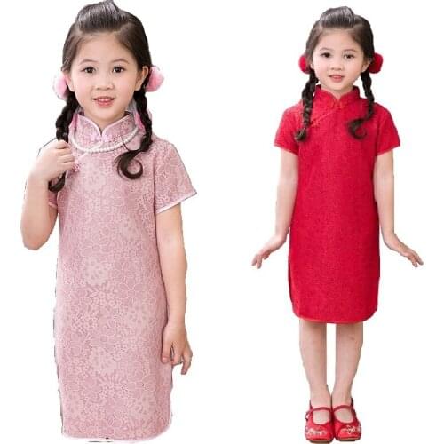 2018 Flower Baby Girls Dress Tribute Silk Kid Hollow Traditional Qipao Children Cheongsam Girl Dresses Clothes Vestidos Red Pink