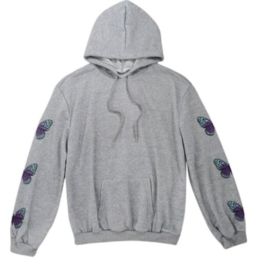 2020 Fashion Women Butterfly Print Gray Hoodies Long Sleeve Pullover Loose Hip Hop Sport Casual Sweatshirt Streetwear Tops