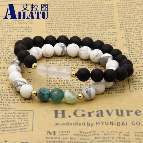 Ailatu Fashion Couples Jewelry On Sale 8mm Natural White Howlit Pink Stone Distance Lovers Bracelet