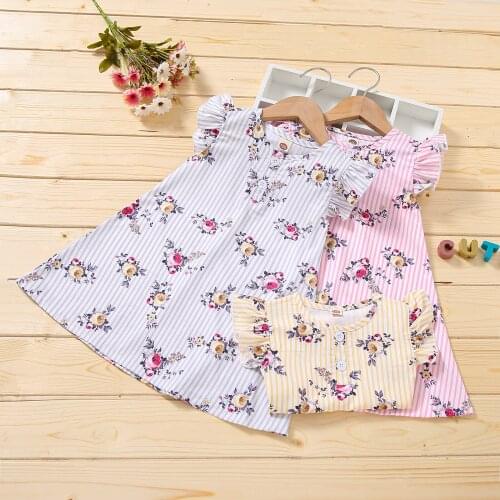 2021 2-6Y Sweet Children Girls Striped Midi Dress with Buttons Summer New Floral Print Sleeveless O-neck Sundress with Ruffles