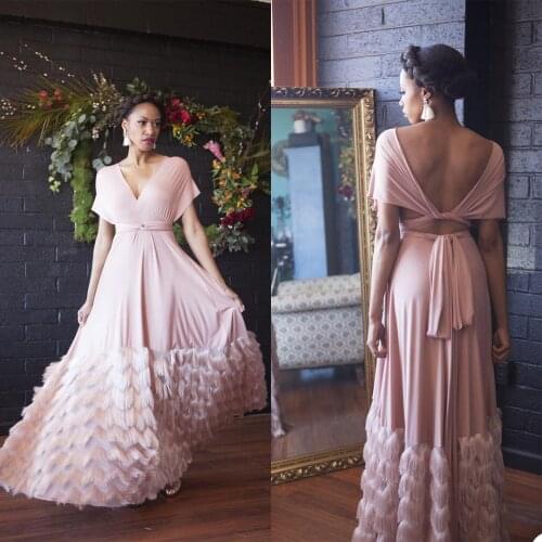 Designer Evening Dresses V Neck Custom Made Formal Dress Floor Length with Fur Tassel Party Dress