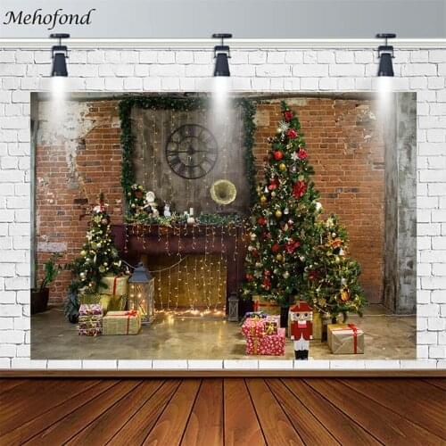 Merry Christmas Tree Backdrop Gifts Fireplace Bell Toy Old Brick Wall Winter Photo Photography Background Studio Photocall Props
