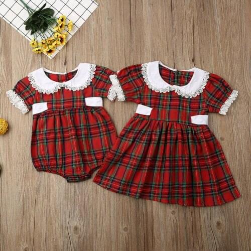 Citgeett Summer Kid Baby Girl Xmas Sister Matching Clothes Bodysuit Red Plaids Lace Dress Christmas Outfits Clothing