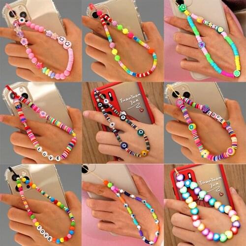 Beautiful Beads Crystal Chain For Phone Mobile Phone Lanyard Smile Cell Phone Chains For Women 2021 Trend
