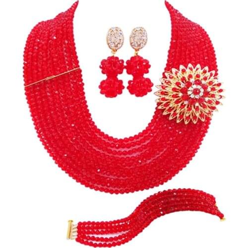 Pretty african beads red jewelry set 10 strand necklace nigerian wedding set 10C-DS-06