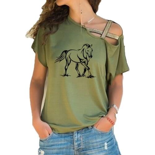 Creative cool horse Print Women Short Sleeve T Shirt Casual Tshirt For Girls Ladies Irregular Skew Cross Bandage Tops Tee