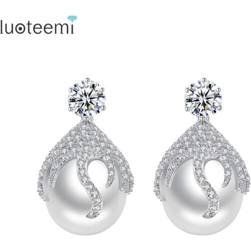 LUOTEEMI Popular Vintage Style Big Imitation Pearl CZ Micro Stud Earrings Delicate Jewelry For Women Girl Valentines Day Gifts
