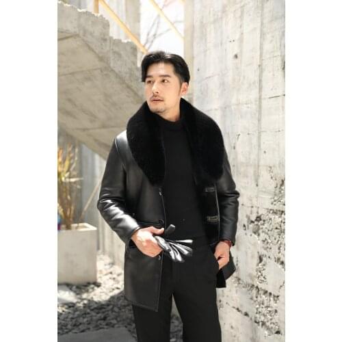 Mens PU Wool Lining Warm Parkas Long Coat Faux Fur Collar Loose Black Outwear C34