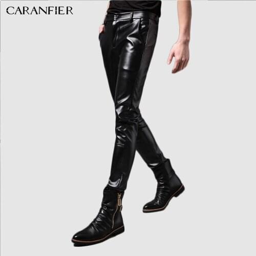 CARANFIER Trendy Wild Pants Brand Fashion Slim Men Leather Pants Stitching Nightclub PU Leather Casual Pants Plus Men Trousers