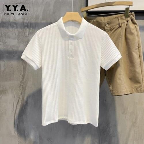 Soft Knitting Silk T-Shirt Men Lapel Short Sleeve Button Summer Fashion Breathable Slim Fit Pullover Korean Style Solid Tops
