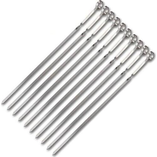 10pcs Long Stainless Steel BBQ Grill Bar Sticks Set with Handle Reusable Barbecue Skewers for Outdoor BBQ Party