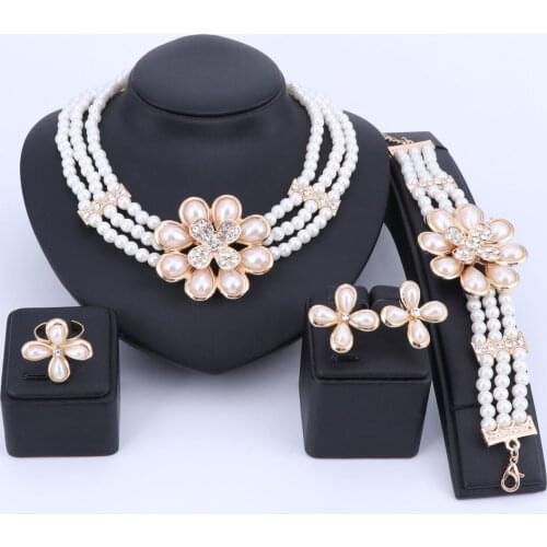 OUHE Gold Color New Simulated Pearl Jewelry Set For Women Beads Necklace Earrings Bracelet Rings Costume Fashion Accessories