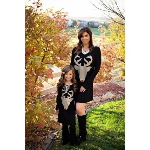 Spring and Autumn New Long Sleeve Deer Head Print T-shirt Dress Christmas Mothers Day Gift Mother Daughter Holiday Family Suit