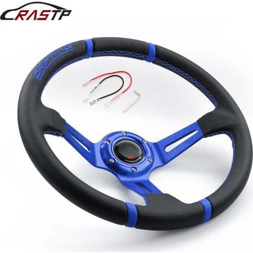 RASTP-Universal 14inch Deep Dish Drifting Sport Steering Wheel Leather Surface Racing Style with Logo RS-STW002