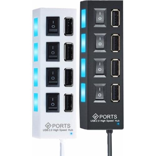 USB 2.0 Hub Splitter - High Speed USB Extender 4 Port USB Data Hub with Individual Power Switch and LED Light, Black, White