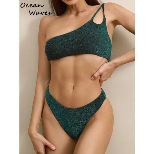 Sexy Shiny Triangle Bikini Set 2021 Mujer Women Solid Green One Shoulder Swimsuit Brazilian Bather Bathing Suit Micro Swimwear