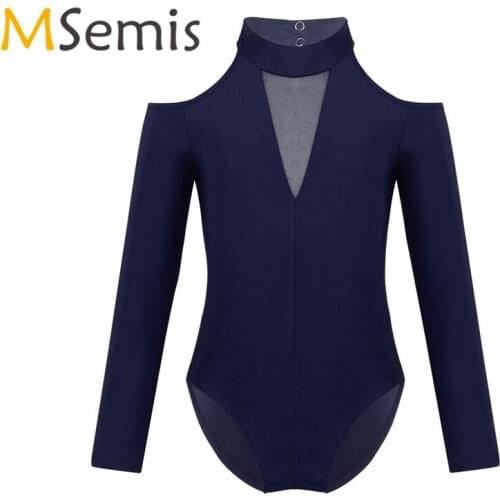 Kid Girls Ballet Dress Ballerina Dance Off-shoulder Long Sleeves Mock Neck Cutout Back Ballet Dance Gymnastics Leotard for Girls