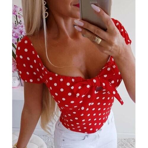 2019 Summer Women Short Sleeve Loose V-Neck Polka Dot Print Fashion Ladies Summer Casual Blouse Tops