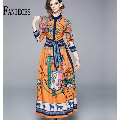 Robe Femme New Fashion Runway Maxi Dress Women Long Sleeve Elegant Flower Print Vintage Dresses Vestidos De Verano Ropa mujer