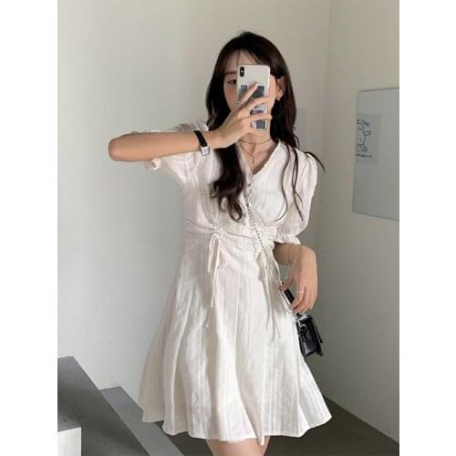 Luck A French Summer Dress Women White Puff Sleeve Korean Style Fairy Dress Chiffon Elegant Vintage Dress