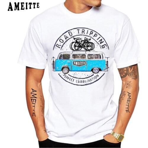 AMEITTE New Summer Mens Short Sleeve Road Tripping Print T-Shirt Bike And Bus Design White Casual Tops Harajuku Boy Tees
