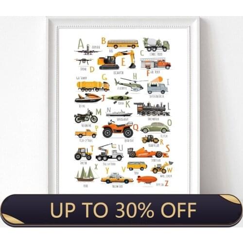 Cars Alphabet Prints Child Educational Poster Learning Letter ABC Transportation Truck Art Canvas Painting Kids Boys Wall Decor