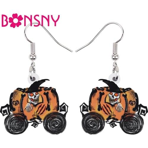 BONSNY Halloween Acrylic Black Pumpkin Car Skull Ghost Earrings Fashion Drop Dangle Novelty Charm Party Jewelry For Women Girls