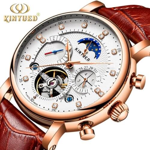 KINYUED Fashion Casual Fully Automatic Mechanical Functional Watch Mens Tourbillon Business Waterproof Luminous Clock Men J025