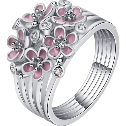 Enamel Pink Cherry Blossoms Rings Women Silver Color Romantic Multi-Layered Wedding Bands Flower Ring For Woman Jewelry