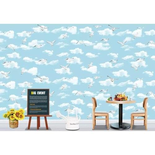 Fantasy 3d blue sky white cloud seagull children room background wall