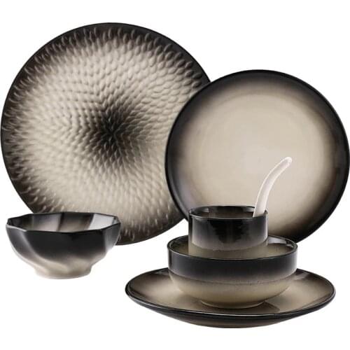 Retro Ink Japanese Style Steak Ceramic Dessert Sushi Plate Porcelain Food Dish Tea Cup Soup Rice Bowl Spoon Tableware Set