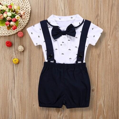 TELOTUNY kids clothes (0-24M)2PCS Baby Infant Boys Short Sleeve lapel Romper Tops Clothes+Toddler suspender Pants Set Outfits
