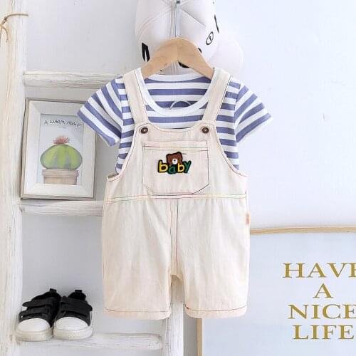 Summer Toddler Baby Boys Clothes Set Striped T Shirt Tops Bear Bib Pants Set Kids Children Clothing Vestido Infantil