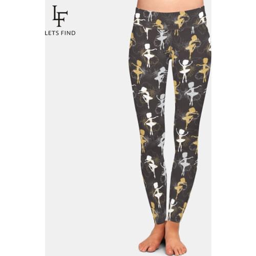 LETSFIND Fashion Milk Silk Print 3D Ballerina Silhouettes and Swan Feathers Pattern Slim Leggings High Wast Plus Size Leggings
